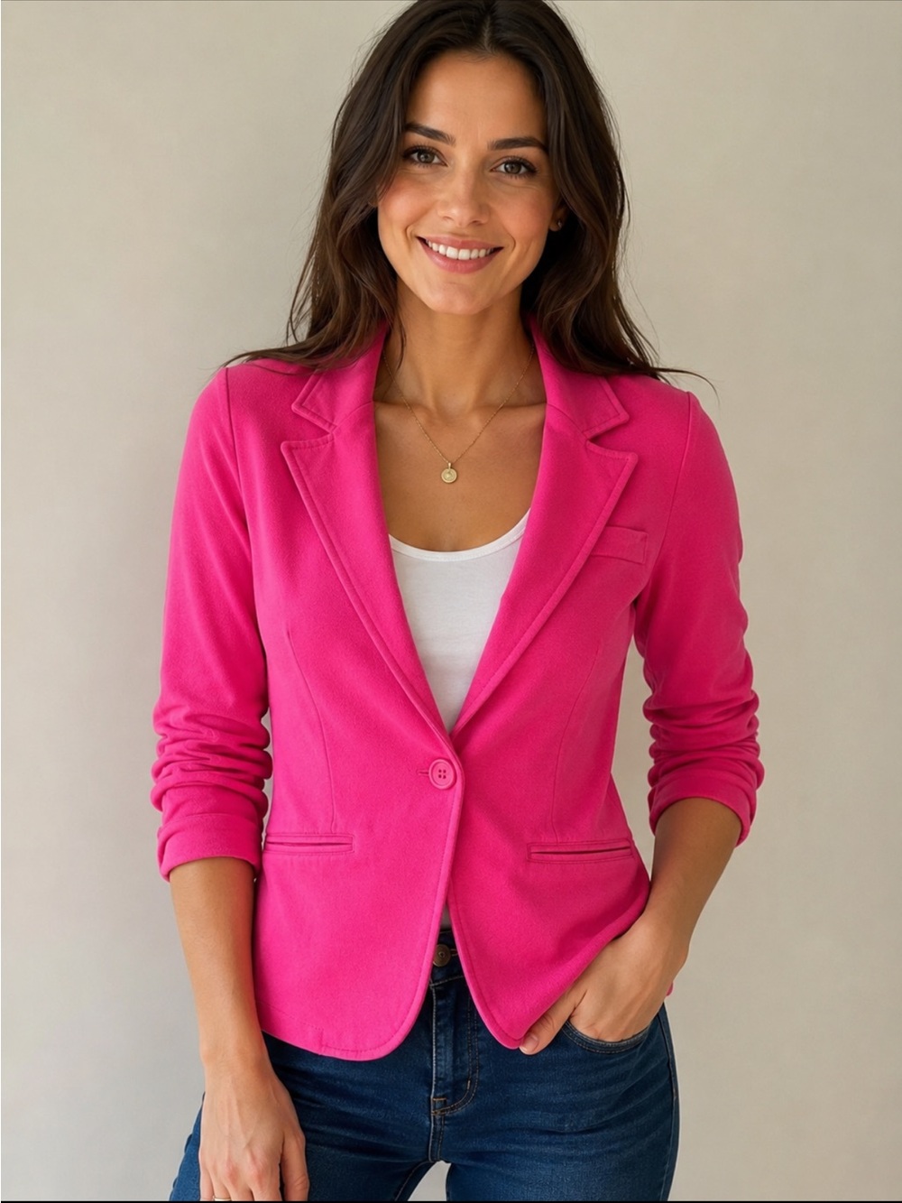 Sweet Child Fuchsia Knit Blazer Jacket Ruched 3/4 Sleeves One Button Size Small